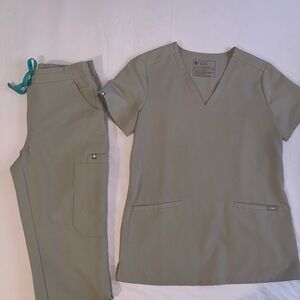 Figs Scrub Set in Khaki with Teal Accents